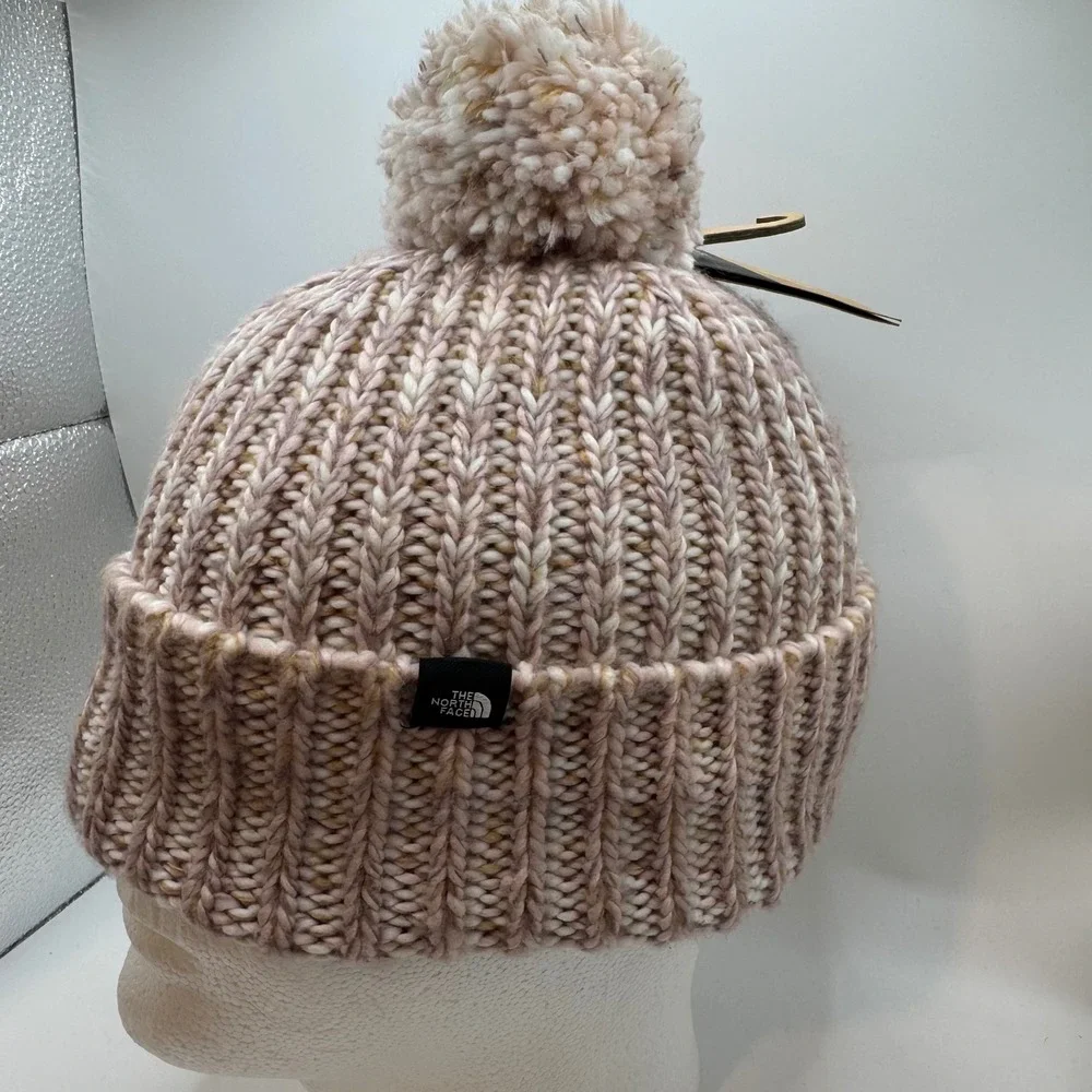 The North Face Kids One Size Beanie Pink Cream Pom Pom Fleece Lined Knit Hat